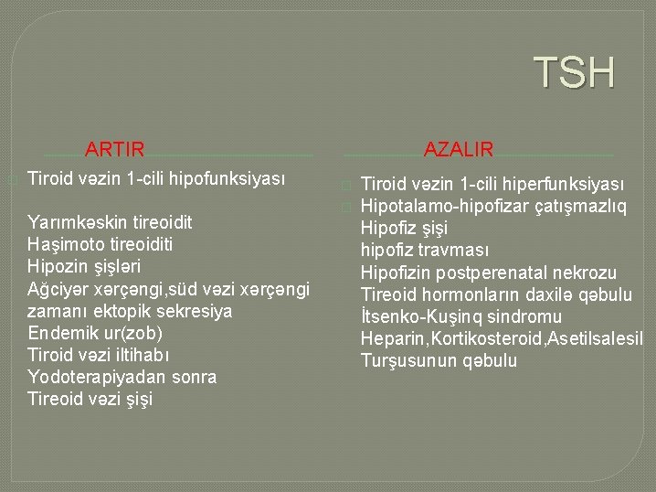 TSH ARTIR � Tiroid vəzin 1 -cili hipofunksiyası Yarımkəskin tireoidit Haşimoto tireoiditi Hipozin şişləri