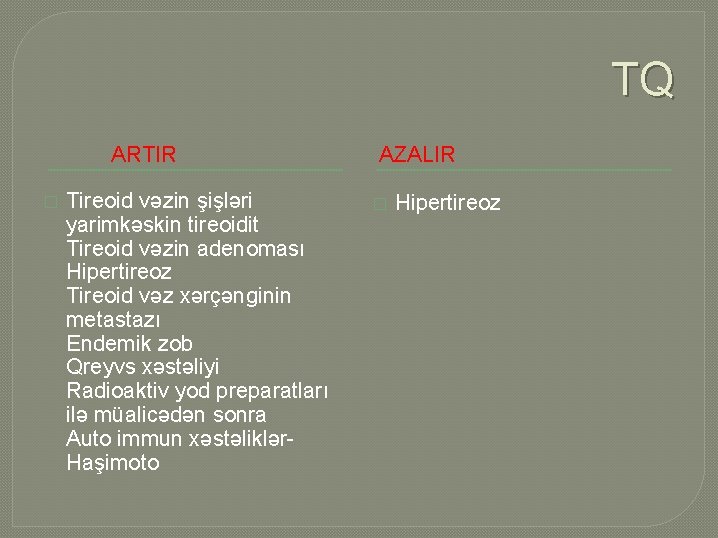 TQ ARTIR � Tireoid vəzin şişləri yarimkəskin tireoidit Tireoid vəzin adenoması Hipertireoz Tireoid vəz