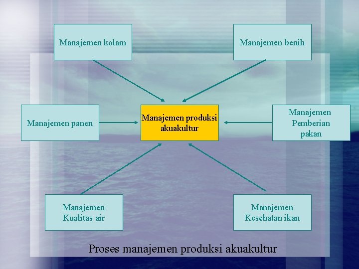 Manajemen kolam Manajemen panen Manajemen Kualitas air Manajemen benih Manajemen Pemberian pakan Manajemen produksi