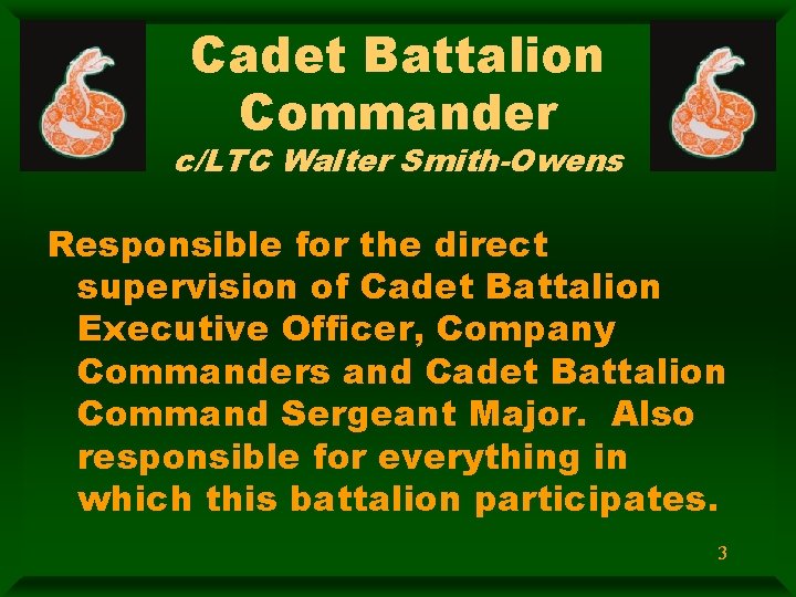 Cadet Battalion Commander c/LTC Walter Smith-Owens Responsible for the direct supervision of Cadet Battalion