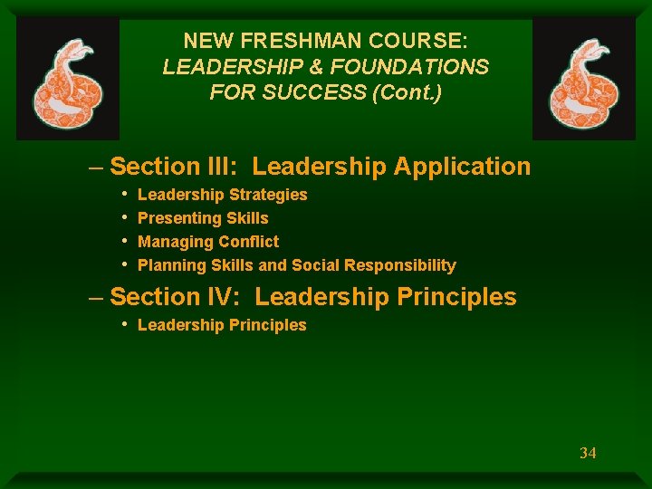 NEW FRESHMAN COURSE: LEADERSHIP & FOUNDATIONS FOR SUCCESS (Cont. ) – Section III: Leadership