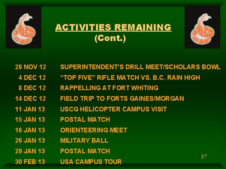 ACTIVITIES REMAINING (Cont. ) 28 NOV 12 SUPERINTENDENT’S DRILL MEET/SCHOLARS BOWL 4 DEC 12