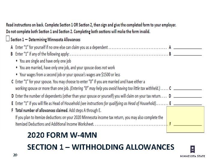 2020 FORM W-4 MN SECTION 1 – WITHHOLDING ALLOWANCES 20 