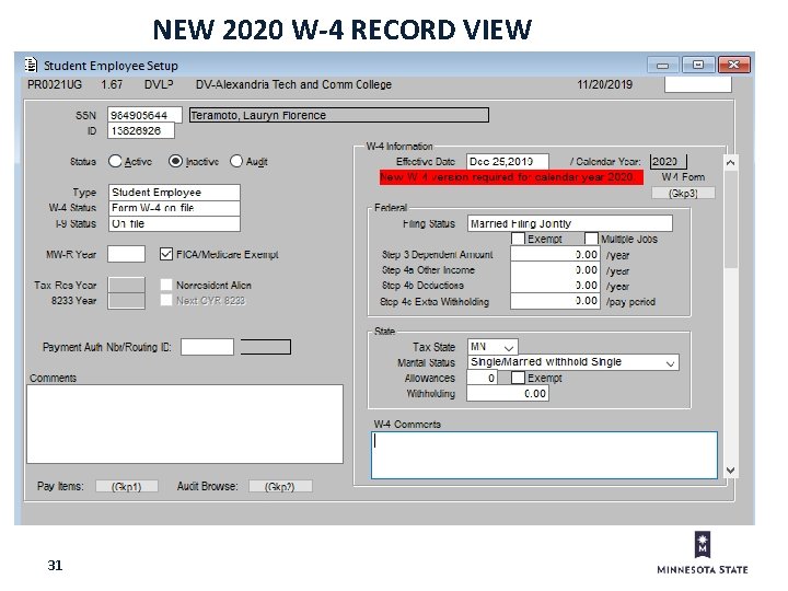 NEW 2020 W-4 RECORD VIEW 31 