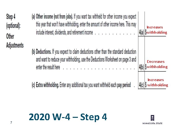 Increases withholding Decreases withholding Increases withholding 7 2020 W-4 – Step 4 