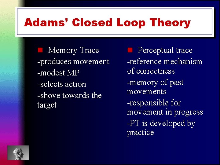 Adams’ Closed Loop Theory n Memory Trace n Perceptual trace -produces movement -modest MP Adams’ Closed Loop Theory n Memory Trace n Perceptual trace -produces movement -modest MP