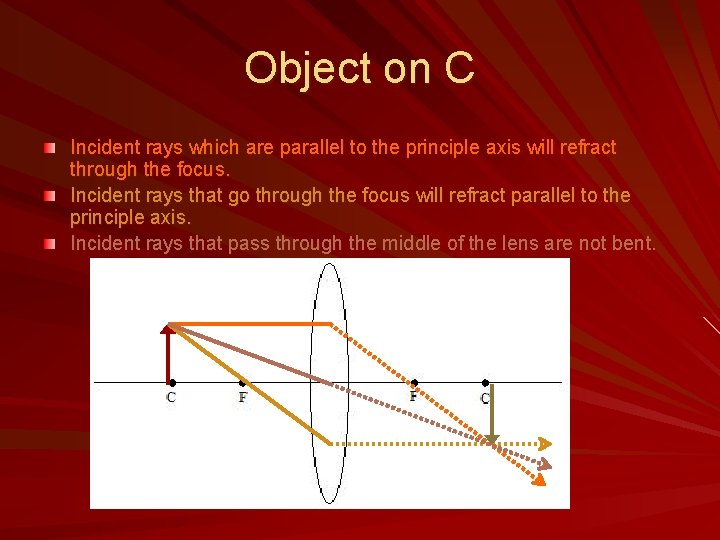 Object on C Incident rays which are parallel to the principle axis will refract
