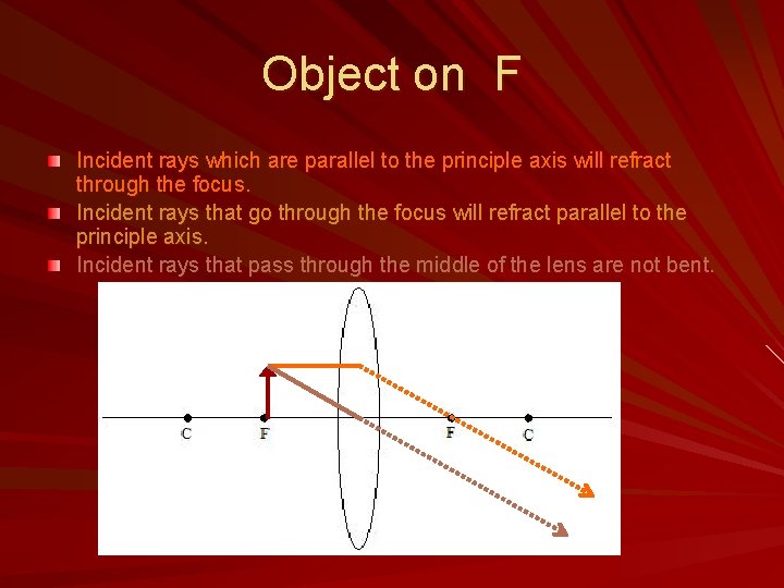 Object on F Incident rays which are parallel to the principle axis will refract