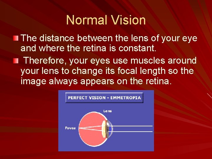 Normal Vision The distance between the lens of your eye and where the retina