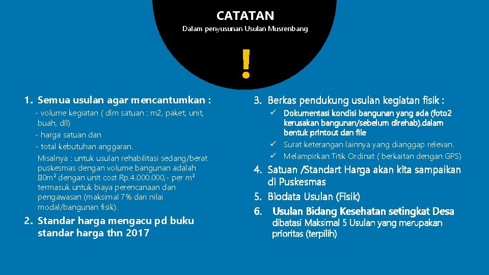 CATATAN Dalam penyusunan Usulan Musrenbang ! 1. Semua usulan agar mencantumkan : - volume
