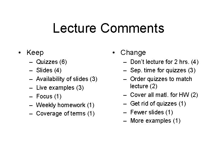Lecture Comments • Keep – – – – Quizzes (6) Slides (4) Availability of