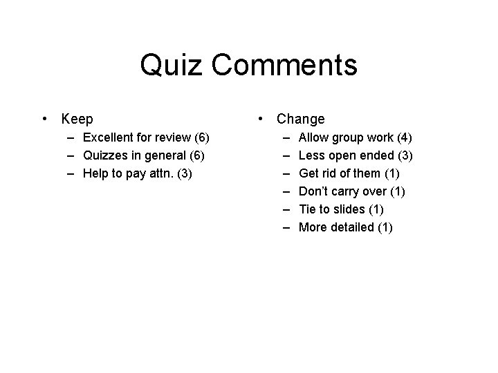 Quiz Comments • Keep – Excellent for review (6) – Quizzes in general (6)