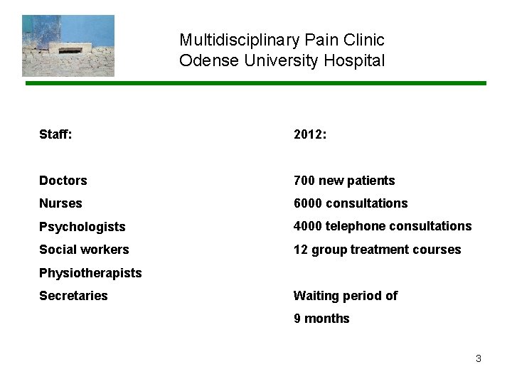 Multidisciplinary Pain Clinic Odense University Hospital Staff: 2012: Doctors 700 new patients Nurses 6000