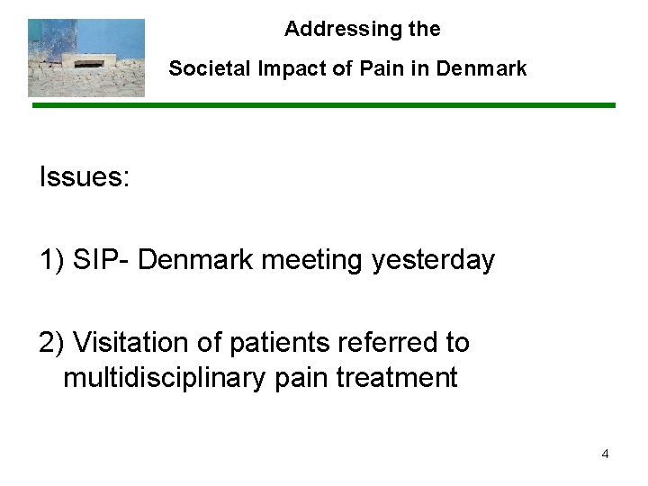 Addressing the Societal Impact of Pain in Denmark Issues: 1) SIP- Denmark meeting yesterday