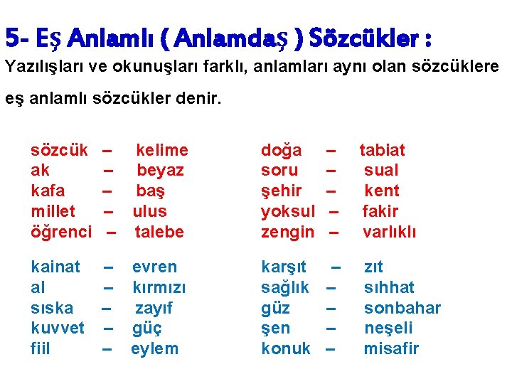 5 - Eş Anlamlı ( Anlamdaş ) Sözcükler : Yazılışları ve okunuşları farklı, anlamları