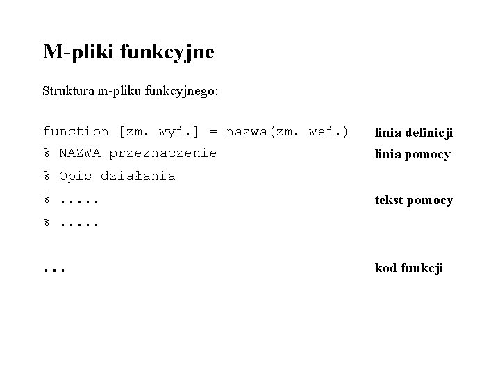 M-pliki funkcyjne Struktura m-pliku funkcyjnego: function [zm. wyj. ] = nazwa(zm. wej. ) linia