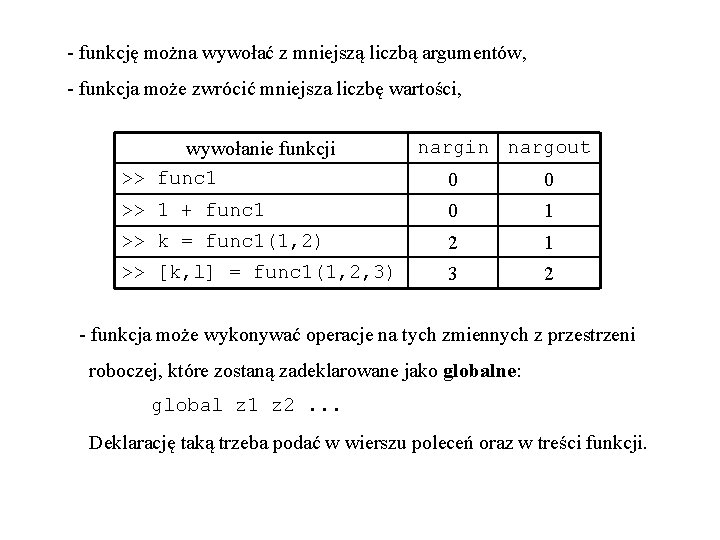 - funkcję można wywołać z mniejszą liczbą argumentów, - funkcja może zwrócić mniejsza liczbę