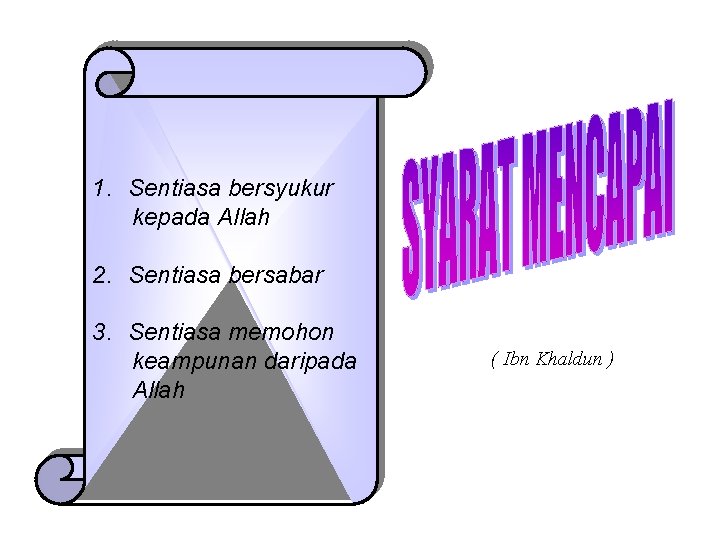 1. Sentiasa bersyukur kepada Allah 2. Sentiasa bersabar 3. Sentiasa memohon keampunan daripada Allah