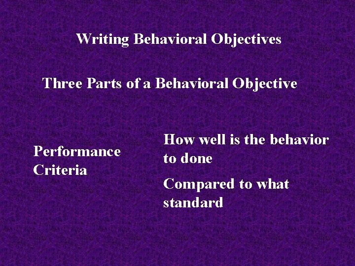 Writing Behavioral Objectives Three Parts of a Behavioral Objective Performance Criteria How well is