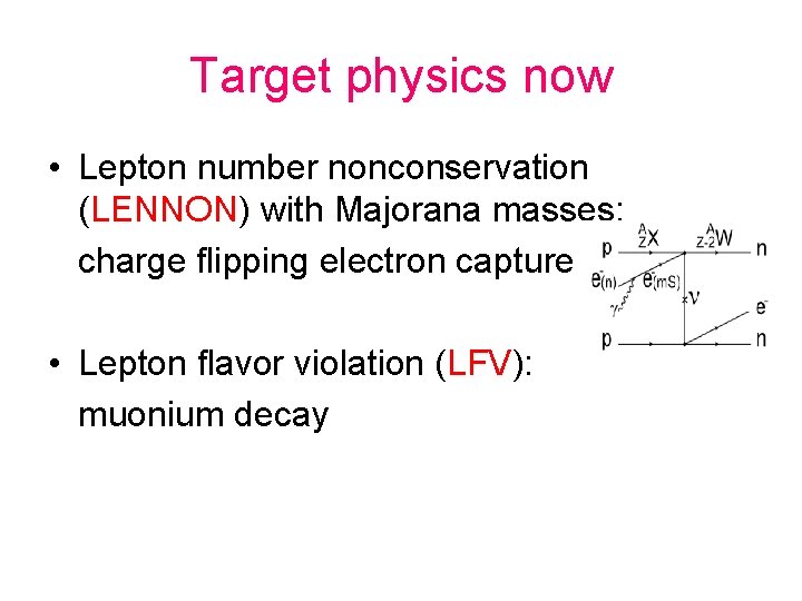 Target physics now • Lepton number nonconservation (LENNON) with Majorana masses: charge flipping electron