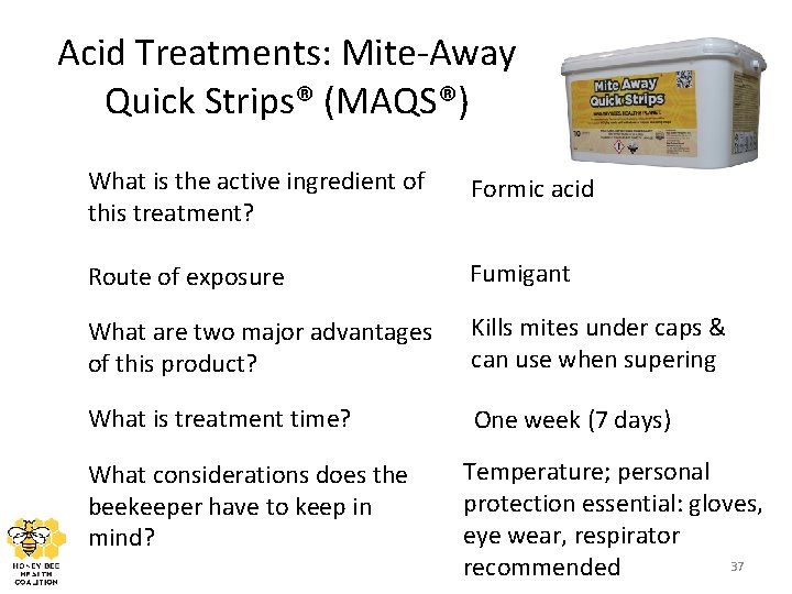 Acid Treatments: Mite-Away Quick Strips® (MAQS®) What is the active ingredient of this treatment?