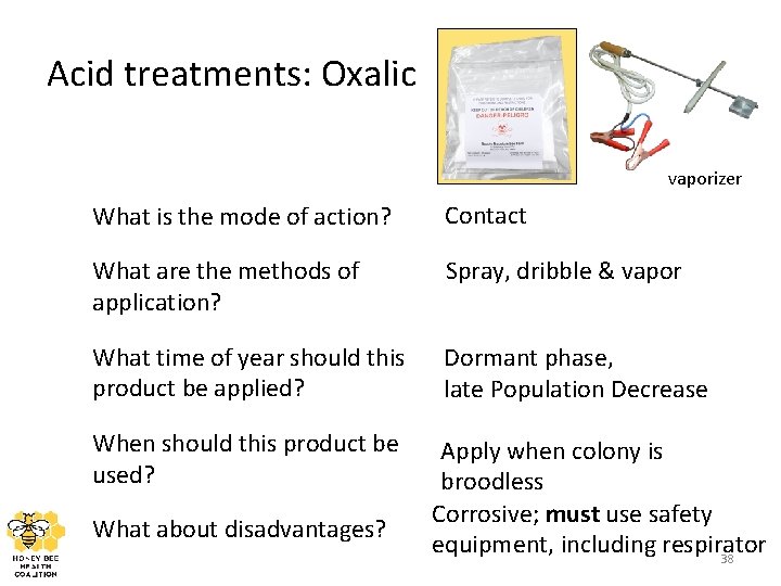 Acid treatments: Oxalic vaporizer What is the mode of action? Contact What are the