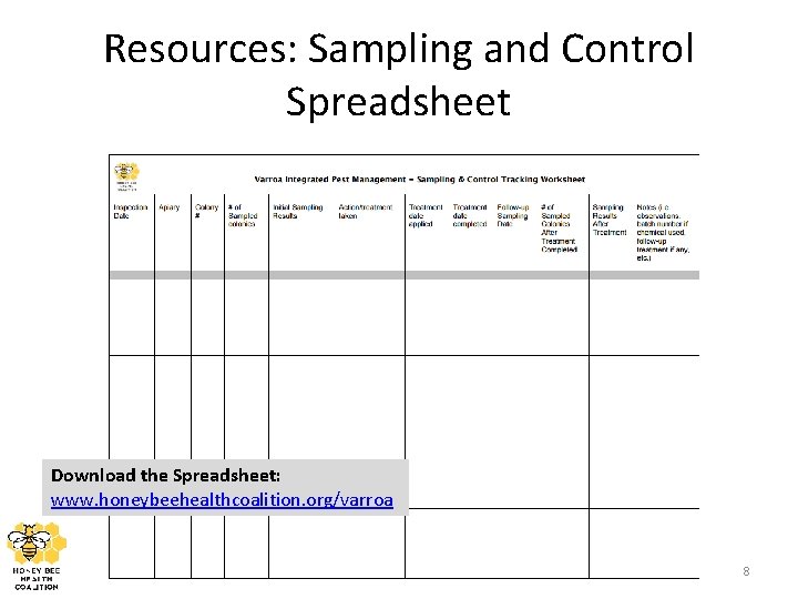 Resources: Sampling and Control Spreadsheet Download the Spreadsheet: www. honeybeehealthcoalition. org/varroa 8 