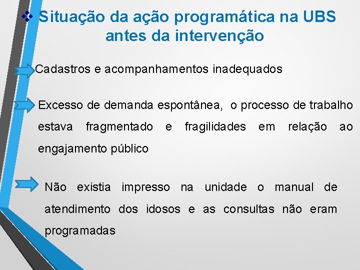 v Situação da ação programática na UBS antes da intervenção Cadastros e acompanhamentos inadequados