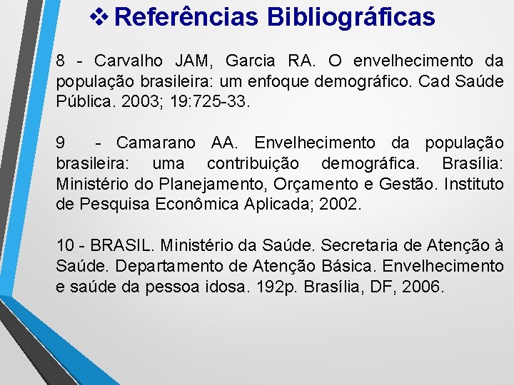 v Referências Bibliográficas 8 - Carvalho JAM, Garcia RA. O envelhecimento da população brasileira: