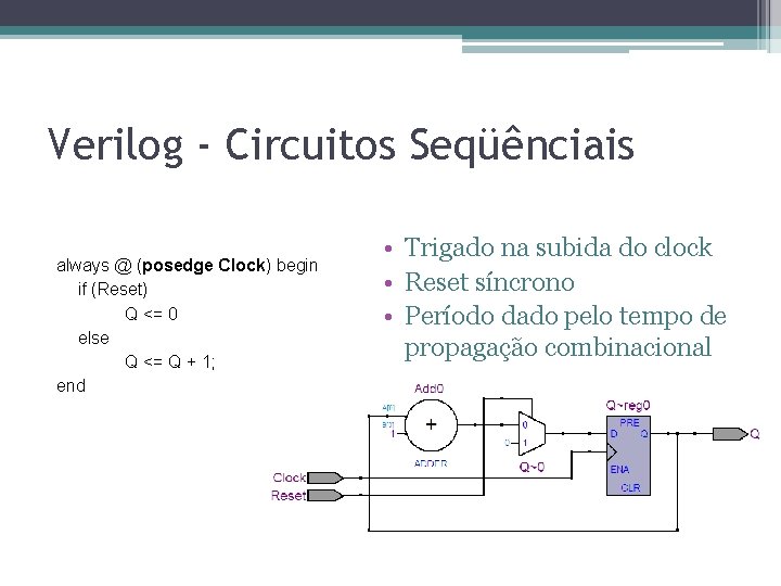 Verilog - Circuitos Seqüênciais always @ (posedge Clock) begin if (Reset) Q <= 0