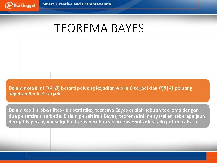 TEOREMA BAYES Dalam notasi ini P(A|B) berarti peluang kejadian A bila B terjadi dan