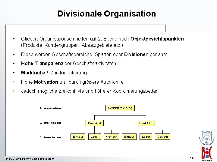 Divisionale Organisation • Gliedert Organisationseinheiten auf 2. Ebene nach Objektgesichtspunkten (Produkte, Kundengruppen, Absatzgebiete etc.