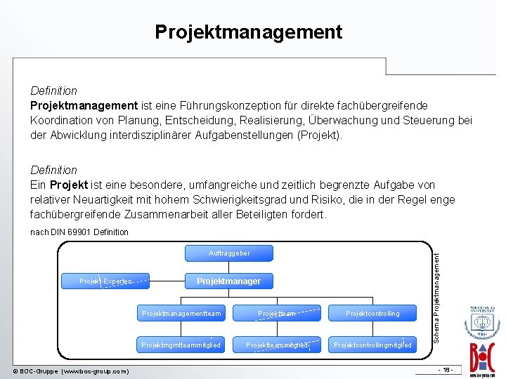 Projektmanagement Definition Projektmanagement ist eine Führungskonzeption für direkte fachübergreifende Koordination von Planung, Entscheidung, Realisierung,