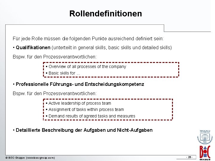 Rollendefinitionen Für jede Rolle müssen die folgenden Punkte ausreichend definiert sein: • Qualifikationen (unterteilt