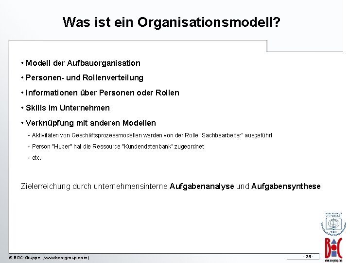 Was ist ein Organisationsmodell? • Modell der Aufbauorganisation • Personen- und Rollenverteilung • Informationen