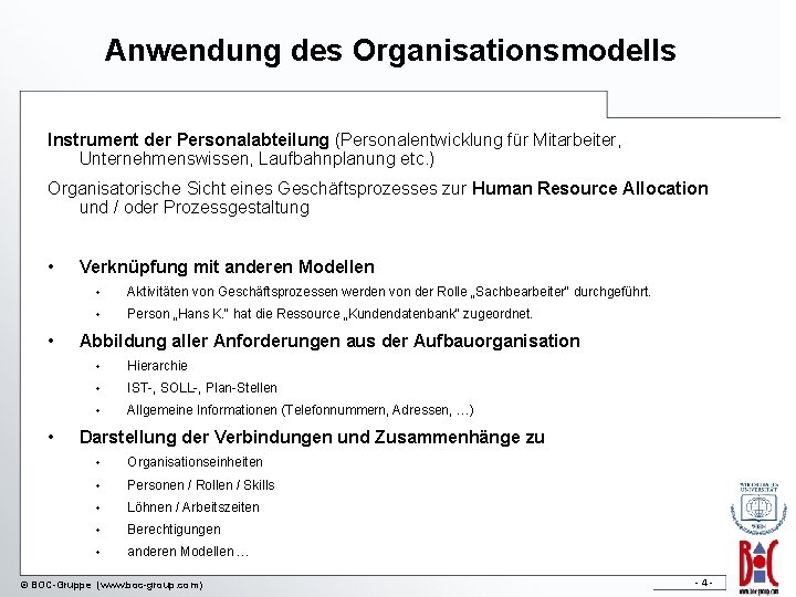 Anwendung des Organisationsmodells Instrument der Personalabteilung (Personalentwicklung für Mitarbeiter, Unternehmenswissen, Laufbahnplanung etc. ) Organisatorische