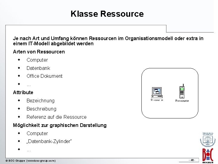 Klasse Ressource Je nach Art und Umfang können Ressourcen im Organisationsmodell oder extra in