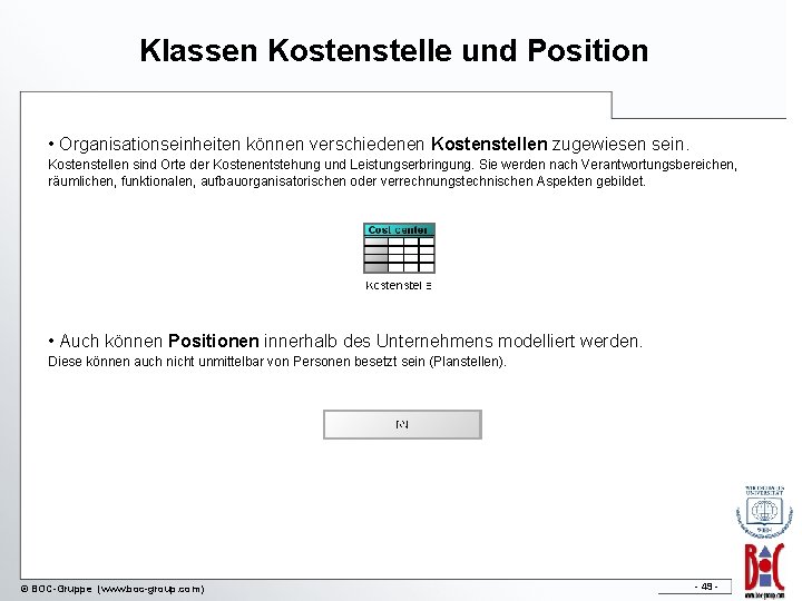 Klassen Kostenstelle und Position • Organisationseinheiten können verschiedenen Kostenstellen zugewiesen sein. Kostenstellen sind Orte