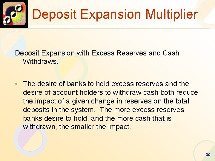 Deposit Expansion Multiplier Deposit Expansion with Excess Reserves and Cash Withdraws. • The desire