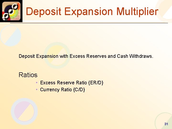 Deposit Expansion Multiplier Deposit Expansion with Excess Reserves and Cash Withdraws. Ratios • Excess
