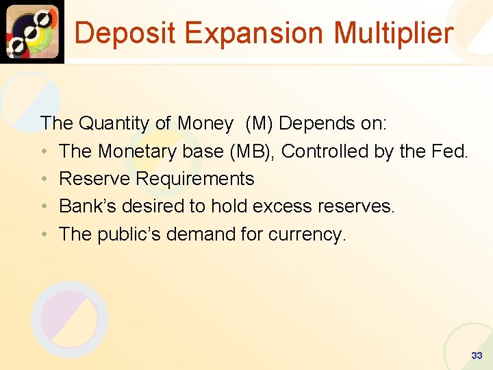 Deposit Expansion Multiplier The Quantity of Money (M) Depends on: • The Monetary base