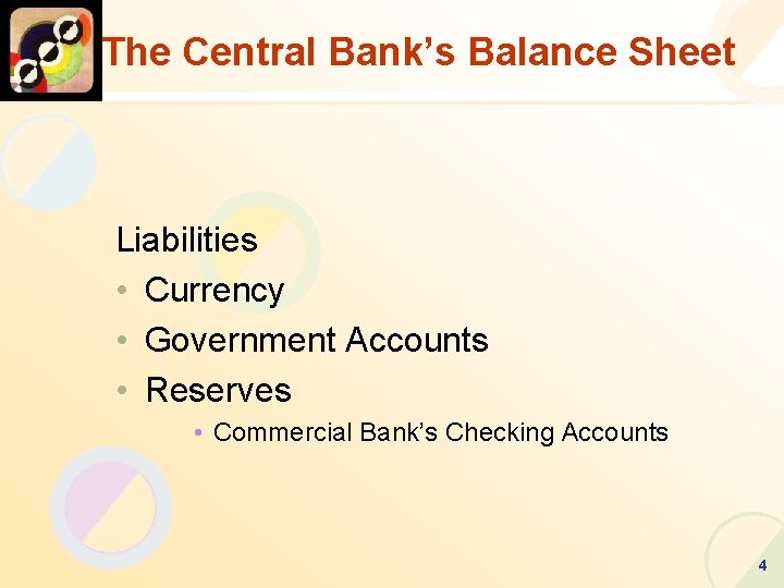 The Central Bank’s Balance Sheet Liabilities • Currency • Government Accounts • Reserves •