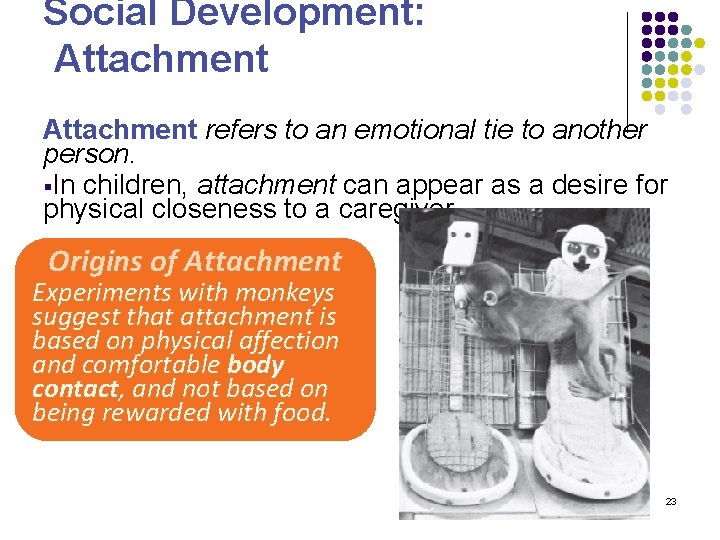 Social Development: Attachment refers to an emotional tie to another person. §In children, attachment