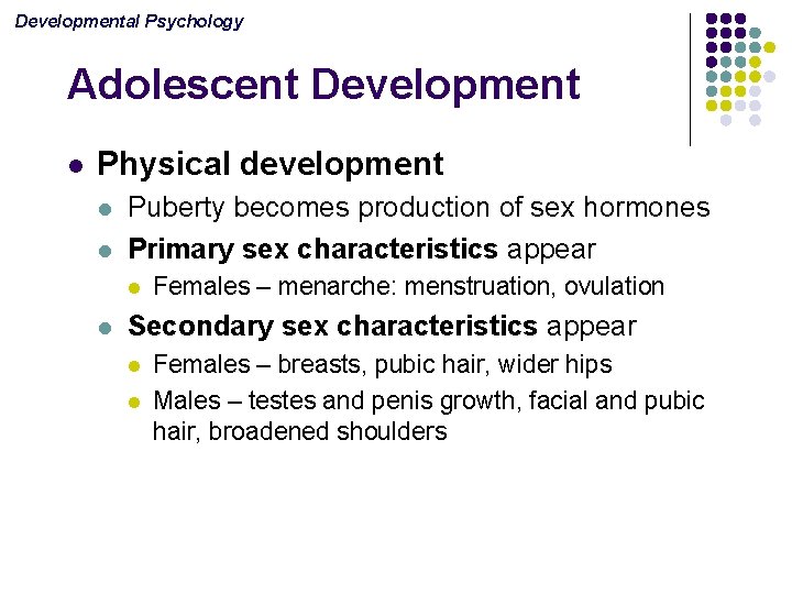Developmental Psychology Adolescent Development l Physical development l l Puberty becomes production of sex