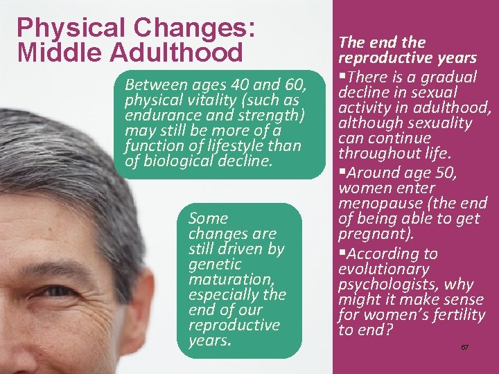 Physical Changes: Middle Adulthood Between ages 40 and 60, physical vitality (such as endurance