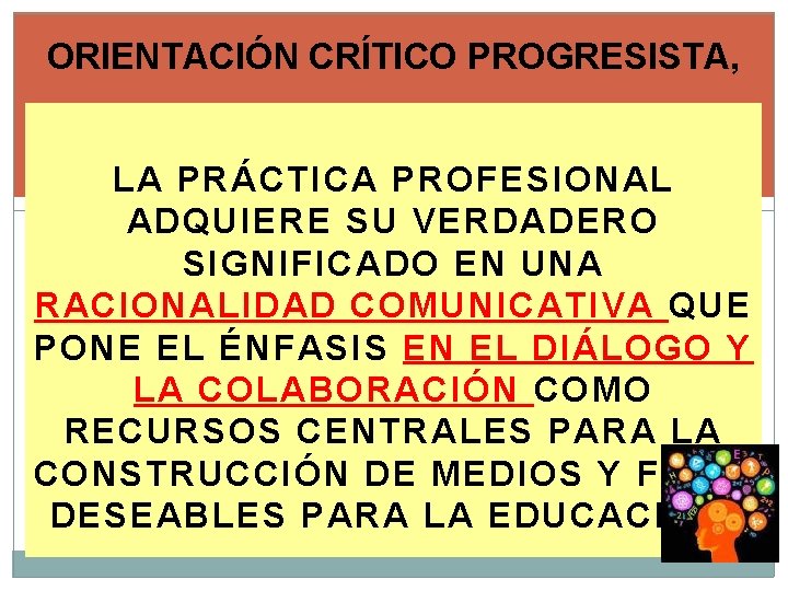 ORIENTACIÓN CRÍTICO PROGRESISTA, LA PRÁCTICA PROFESIONAL ADQUIERE SU VERDADERO SIGNIFICADO EN UNA RACIONALIDAD COMUNICATIVA