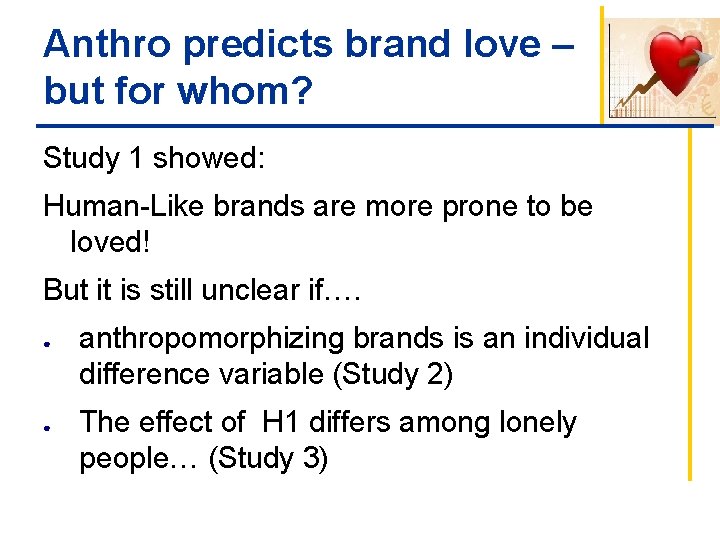 Anthro predicts brand love – but for whom? Study 1 showed: Human-Like brands are
