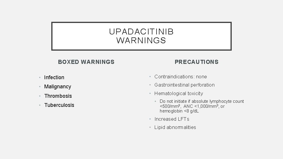 UPADACITINIB WARNINGS BOXED WARNINGS PRECAUTIONS • Infection • Contraindications: none • Malignancy • Gastrointestinal