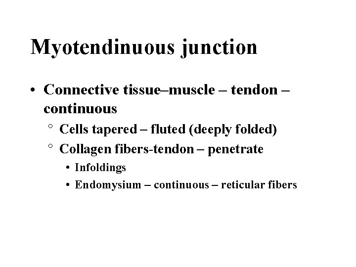 Myotendinuous junction • Connective tissue–muscle – tendon – continuous ° Cells tapered – fluted
