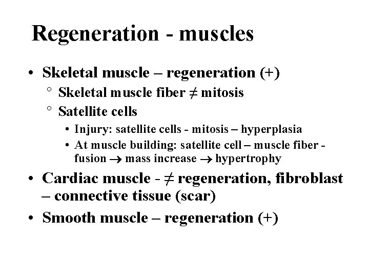 Regeneration - muscles • Skeletal muscle – regeneration (+) ° Skeletal muscle fiber ≠